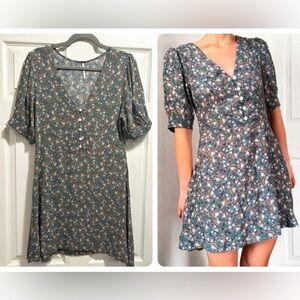 Free People Provence Dress Green Teal Floral Print Mini Puff Sleeves Size Large